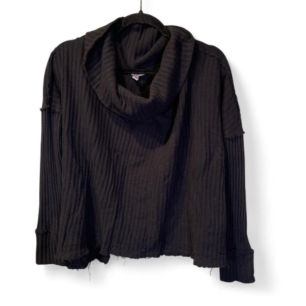 Free People Cowl‎ Neck Split Back Thermal Knit Top Black Waffle Weave Small